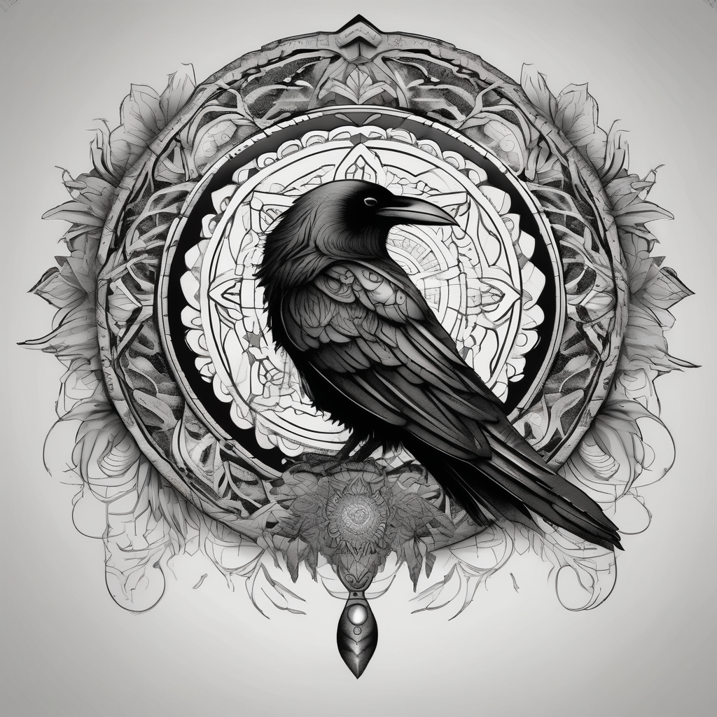 left arm tattoo of a raven mandala on a branch surrounded by mandala fishing tattoos, diseño de tatuaje Blanco y negro generado con IA